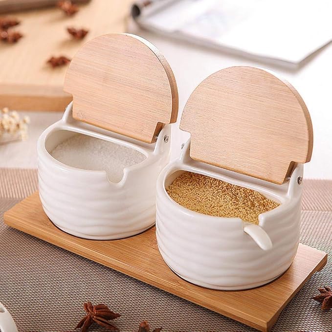Ceramics Storage Jar Porcelain Condiment Jar Spice Container with with Flip Lid and Spoon - Best Creative Seasoning Box for Your Home, Kitchen, Counter (3)