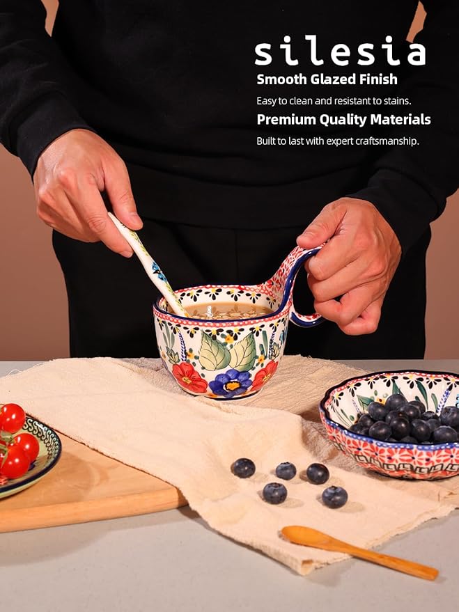 silesia Handmade Loop Handle Soup Bowl, Plate and Spoon Set Ceramic Hand Painted Cereal Bowl Great for Soup, Ice cream, Snack, Stew in Gift Box, Dishwasher & Microwave Safe, Polish Garden