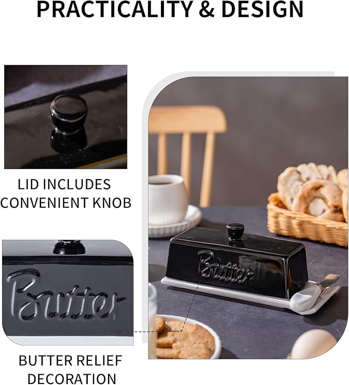 TEATALK Ceramic Butter Dish with Lid and Knife - Large Butter Holder, Farmhouse Style, 8-Inch Porcelain Butter Keeper with Scraper Edge, Black & White