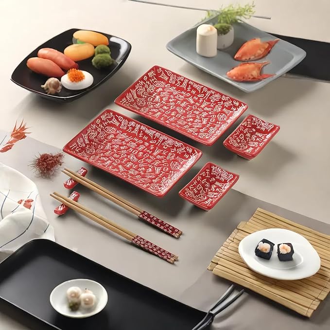 10 pcs Japanese Sushi Plate Sets Serving Platters and Trays for Entertaining Sushi Dishes Set Plates Sushi Plates Traditional Cuisine Dinnerware Sets with Chopsticks Hundred Family Names