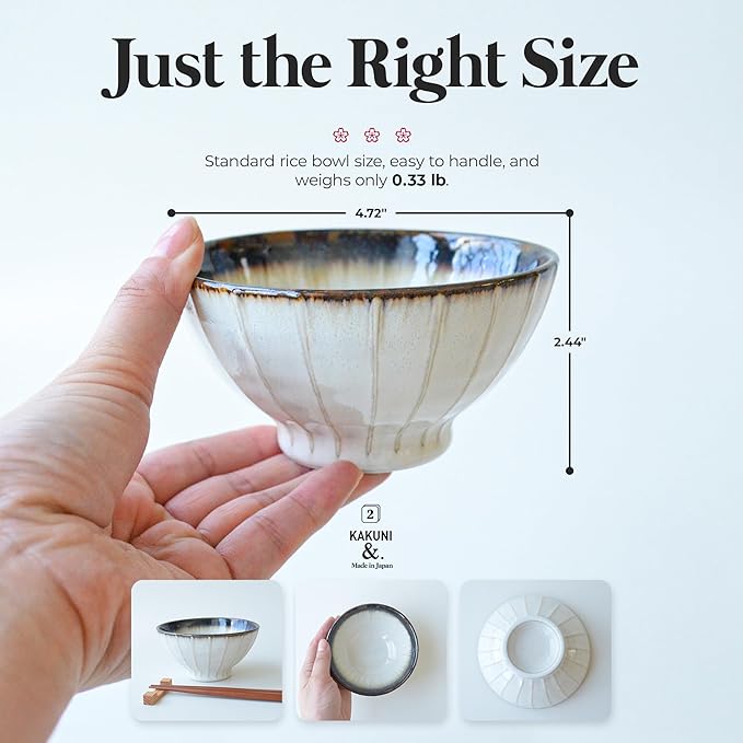 Set of 5 Japanese Ceramic Striped Ichichin Rice Bowls, Deep Soup & Eating Bowls with Distinctive Three-Dimensional Lines,Convenient, Stackable, for Cooking Prep & Serving (White)