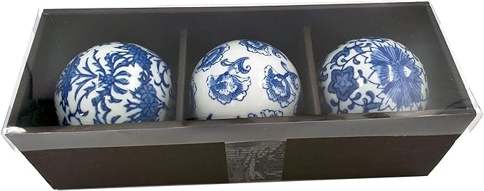 Galt International 4" Diameter Blue & White Floral Chinoiserie Ceramic Ball (Set of 3) Style 1| Decorative Ball Vase Bowl Filler