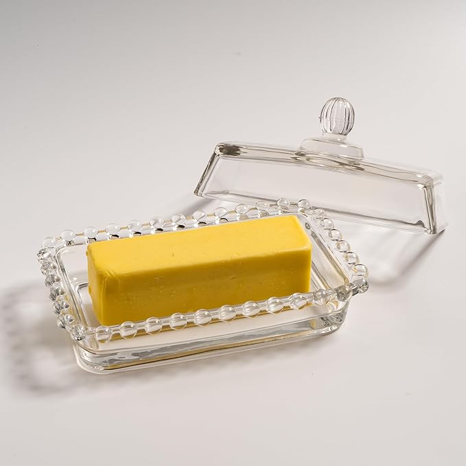 Glass Butter Dish with Lid for Countertop, Clear Crystal Glass Covered Butter Stick Holder Tray, Butter Storage Container for Fridge