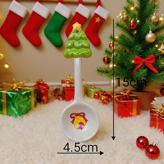 2Pcs Christmas Spoons Ceramic Spoons with Creative Xmas Tree Theme for Dessert Cake Coffee Tea Drinking Stirring Mixing Spoons Xmas Holiday Tableware Party Supplies