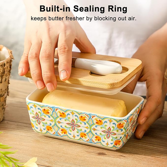 Butter Dish with Lid and Knife – 350ml Ceramic Butter Container with Bamboo Lid, Floral Cottage-Style Pattern, Airtight Butter Keeper for Countertop or Fridge, Farmhouse Kitchen Decor (Print-3)