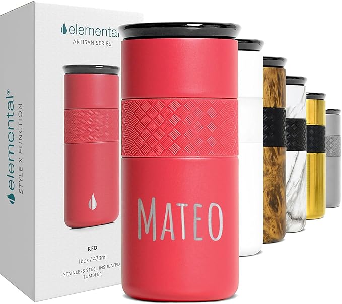 Elemental Personalized Artisan Insulated Tumbler, Triple Wall Coffee Travel Tumbler, Reusable Stainless Steel Coffee Tumbler with Ceramic Lid, Thermal Coffee Cup for Hot & Cold, 16oz - Red