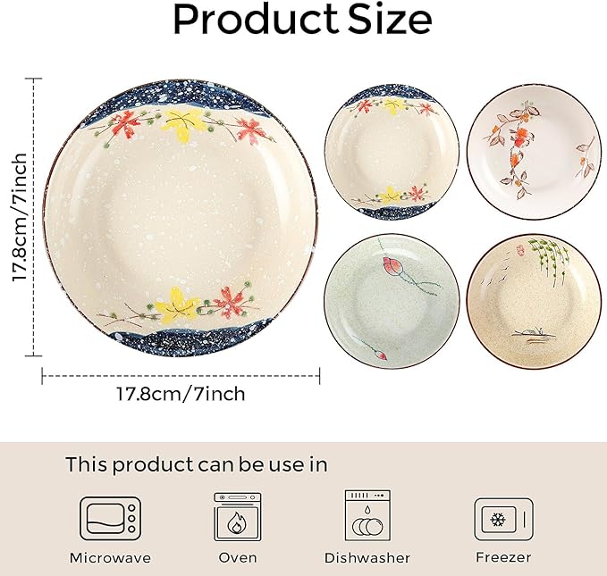 clothmile 7 Inch Japanese Retro Ceramic Dinner Plates Set of 4 Japanese Style Plates Asian Chinese Plates for Cereal, Soup, Dessert, Snack, Fruit, Salsa for Christmas Holiday Present
