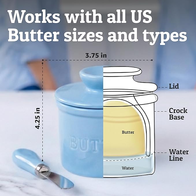 PriorityChef Butter Crock with Lid with Water Line, Ceramic French Butter Dish to Leave On Counter, Light Blue