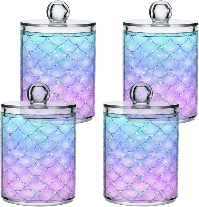 MNSRUU 2 Pack Qtip Holder Organizer Dispenser Pink Blue Mermaid Scales Bathroom Storage Canister Cotton Ball Holder Bathroom Containers for Cotton Swabs/Pads/Floss