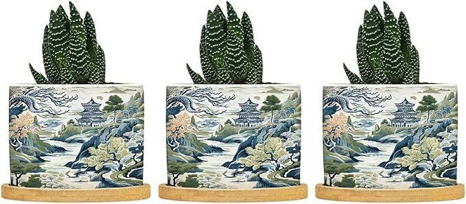 Trend Dragon and Print Ceramic Planters Chinoiserie Asian Inspired Planters for Indoor Plants with Drainage Holes and Saucers Pot for Outdoor Garden Home Plant