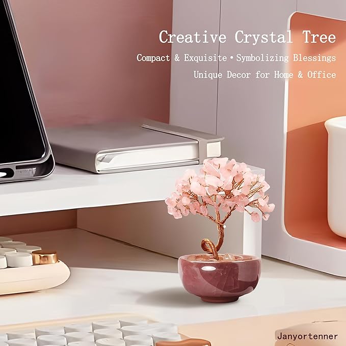 Rose Quartz Crystal Tree,Romantic Office Desk Bedroom Decor,Handmade Copper Wire in Crackle Ceramic Base,Spiritual Gift for Her