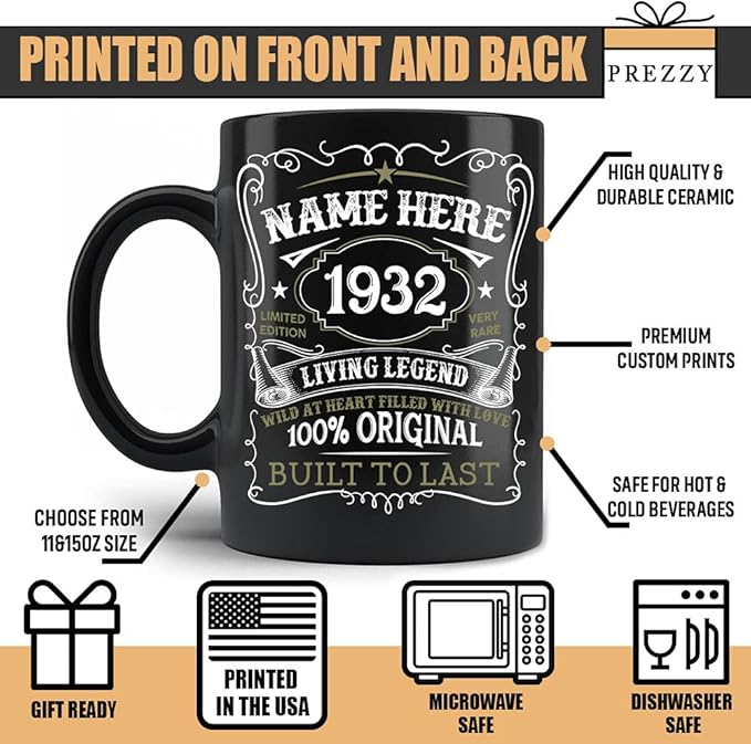 PREZZY Personalized 91st Birthday Mug Vintage 1932 Limited Edition Coffee Mug Black 11oz 15oz