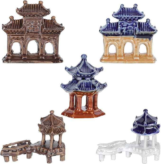 Yardwe Ceramic Pavilion Ornaments 5Pcs Miniature Garden Sculptures for Patio Lawn Bonsai Decorations Outdoor Micro Landscaping Accessories