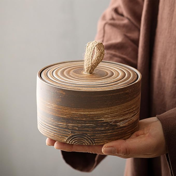 Retro ceramic storage jar - multifunctional jar for tea, coffee, and sugar - decorated kitchen container with lid (A)