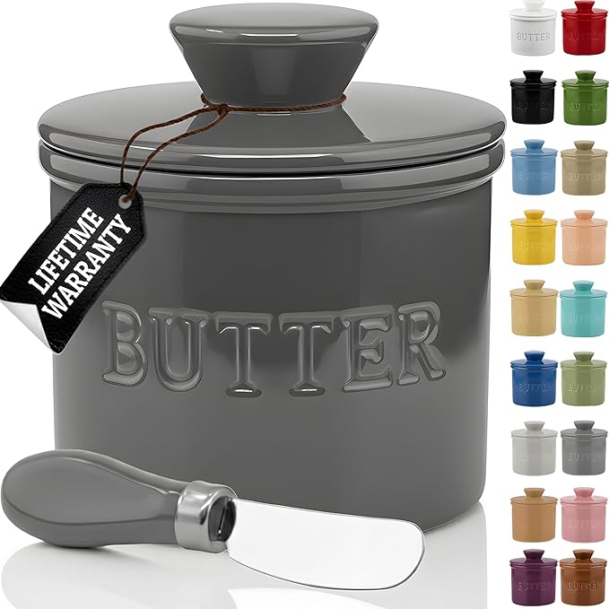 PriorityChef Butter Crock with Lid with Water Line, Ceramic French Butter Dish to Leave On Counter, Grey
