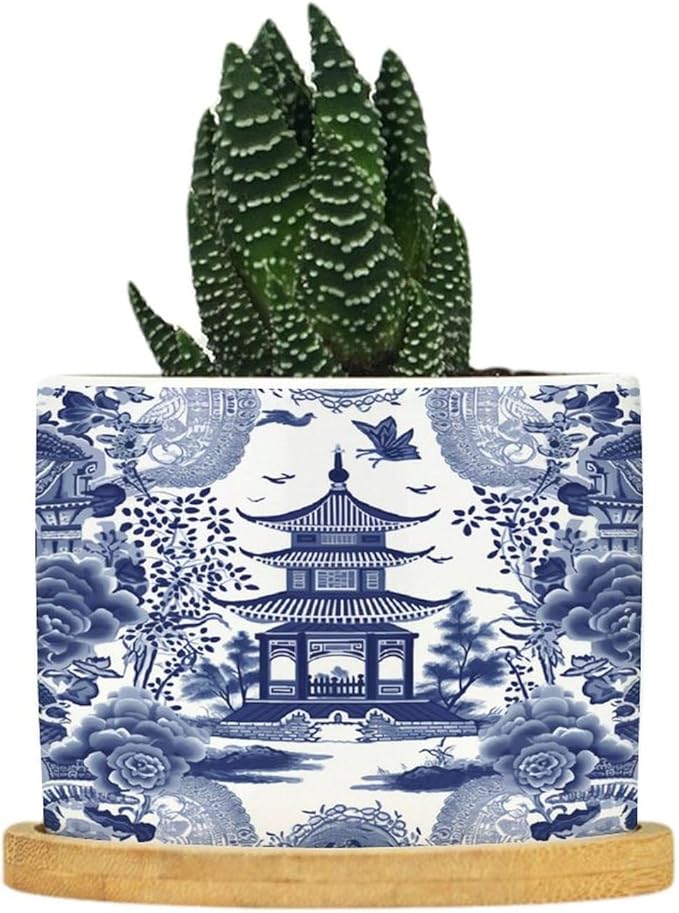 Chinoiserie Blue Asian Ceramic Planter Chinoiserie Chic Asian Flower Pots for Indoor Plants with Drainage Holes and Saucers Pot for Pots Outdoor Indoor Plants