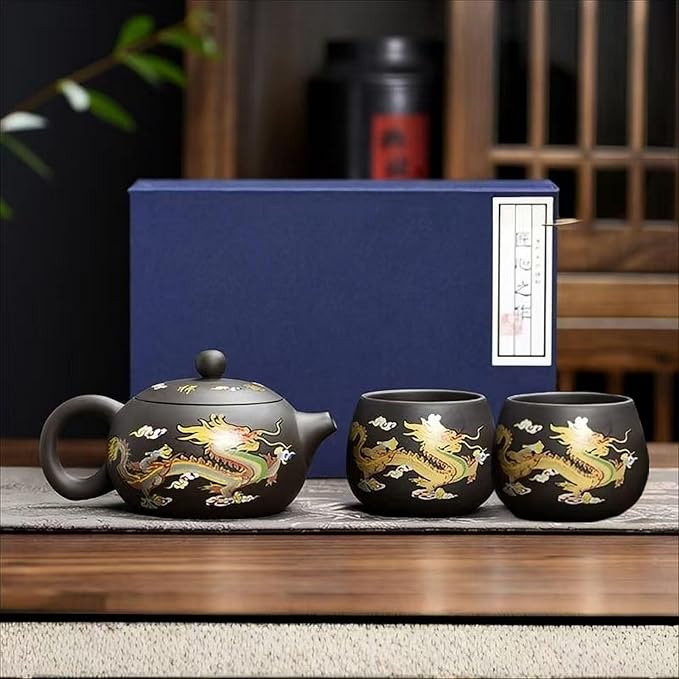Zisha Tea Set, Chinese Tea Set with Gift Package, Suitable for Father's Day, Mather's Day, Birthday, Christmas Gifts (Round Dragon)