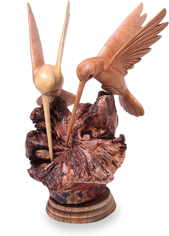 NOVICA Artisan Crafted Handcarved Wood Sculpture | Hummingbird Figurine Decor | Sustainable Animal Themed | Benalu & Jempinis Wood | NAT Geo Decoration | Indonesia ' Hummingbird Couple' 7.5" H x 6" W