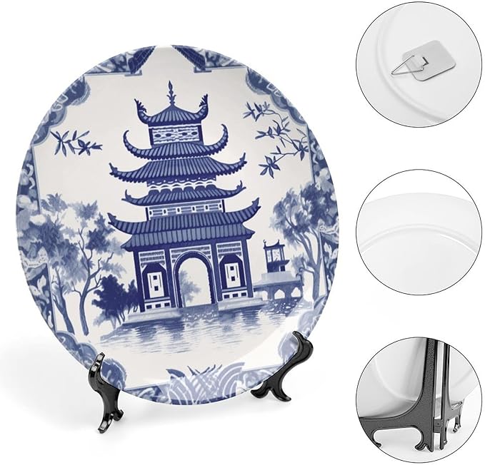 Chinoiserie Blue Asian Pagoda Plates Ceramic of 6", 7", 9", 10", Customize Bone China Decorative Plate, Wall Home Decorations Office, Unique Art with Stand