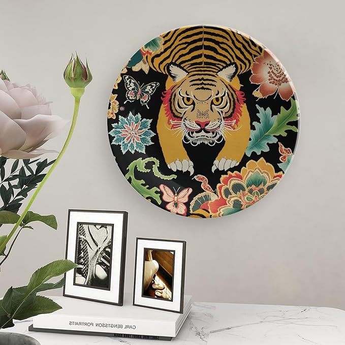 Animal Tiger Stripe Colorful Decorative Plate, Chinoiserie Tiger Custom Ceramic Ornaments Dessert Plates for Home Art Decoration Club Decor, Unique Art with Stand Art Decorations for Display Table