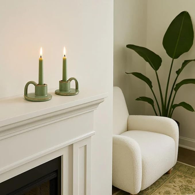 Ceramic Taper Candle Holders with Handle (Set of 2) – Tall Candlestick Holders for Table Decor Centerpieces, Rustic Home Décor, and Dinner Table Styling Avocado Green