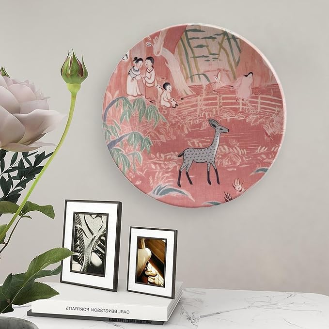 Fishing Village Orange Ceramic Decorative Plate for Display Chinoiserie Pagoda Coral Pink Asian Farmhouse Wedding Supplies Table Holiday Party Decorations Personalized Gifts Anniversary