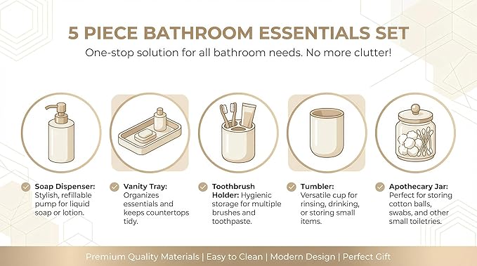 Bathroom Accessory Set, 5 Pcs Bathroom Essentials Sets Accessories, Soap Dispenser Set, Toothbrush Holder, Vanity Tray, Tumbler, Cotton Swab Jars, Bathroom Organizer for Modern Bathrooms(Beige)