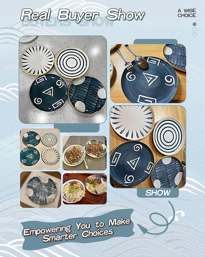 Yeacccng Japandi Dinner Plates Set of 4, 8 Inch 10 Oz Blue Striped Ceramic Plates, Shallow Salad Plates, Lead-Free Cadmium-Free, Dishwasher Microwave Oven Safe, Scratch-Resistant Serving Plates