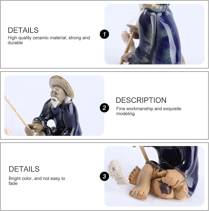 Jiang-tai Gong Fish Old Man Statue - Mini Asian Zen Figurines for Aquarium, Fish Tank, Garden Pot & Home Decor - Vintage Sandstone Look Ceramic Sculpture | Lucky Ornament, Bonsai 2pcs