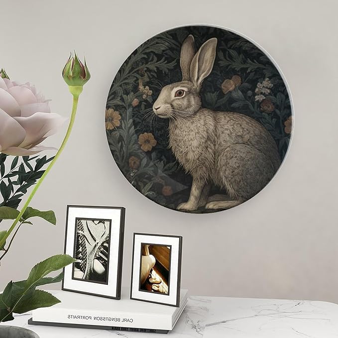 William Morris Inspired Rabbit China Plates, Custom Raven in The Forest Art Ceramic Craft for Decorative Ornaments, Housewarming Gifts Festival Decorations Table, Unique Art with Stand