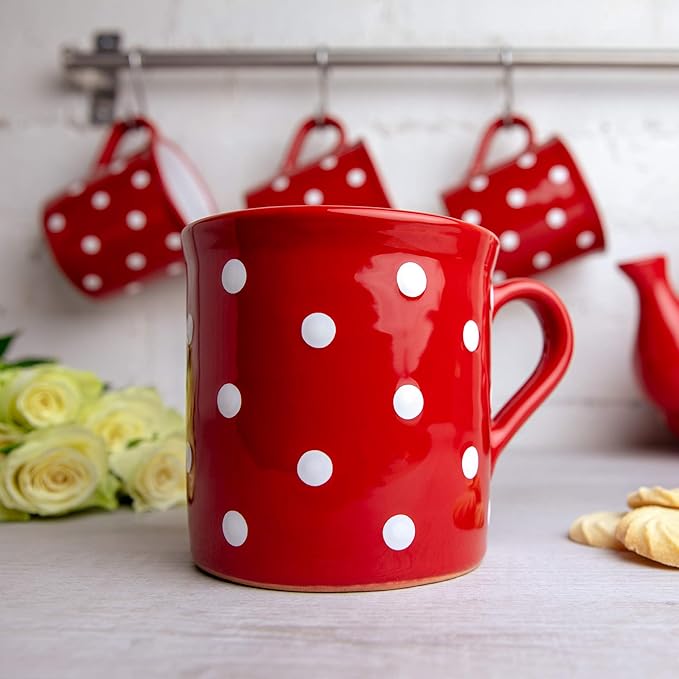 City to Cottage Handmade Red and White Polka Dot Ceramic Extra Large 17.5oz/500ml | Hot Chocolate, Coffee, Tea Mug, Cup with Handle Unique Designer Pottery Gift for Tea Lovers