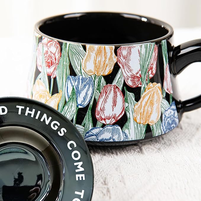 Tea Cup and Saucer Set of 2,Bone China Tulip Ceramic Coffee Cup Gift Set with Box，Latte Mug for Mother's Day Gifts（8.95 oz）