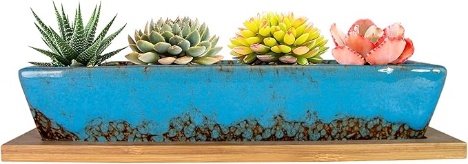 ARTKETTY Succulent Pots, 9.8 Inch Ceramic Succulent Planters with Drainage Small Bonsai Pot with Bamboo Tray, Mini Cactus Flower Planter Pot Shallow Rectangular Window Planters for Indoor Plants