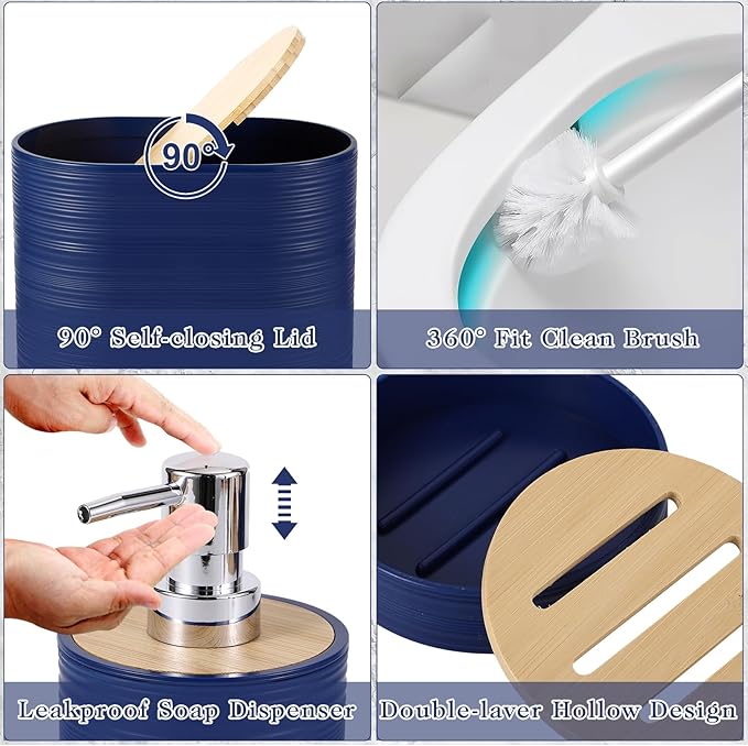 Bathroom Set - Navy Blue Bathroom Accessories Set, Bathroom Sets with Shower Curtain and Rugs, 25PC Shower Curtain Set with Hooks, Soap Dispenser, Soap Dish, Toilet Brush Holder and Trash Can