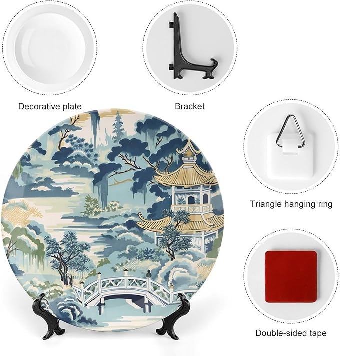 Blue And White Chinoiserie Pagoda Ming Toile Asian Decorative Plate, Custom Hand-Painted Ceramic Decorative Plates for Display Club Decor, with Vertical Stand Art Decor for Festival Home