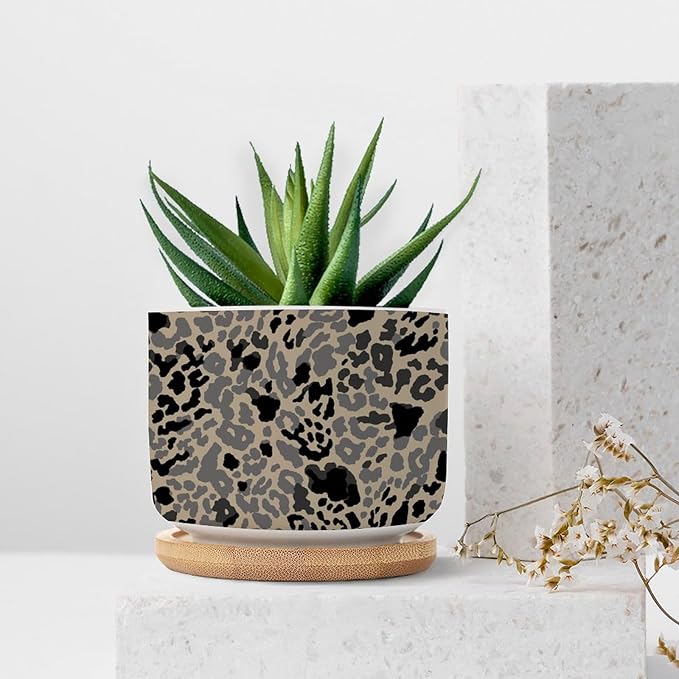 Leopard Black and Light Brown Dot Ceramic Planters African Tribal Animal Print Snake Plant Live Indoor with Pot with Drainage Holes and Saucers Pot for Indoor Outdoor Garden