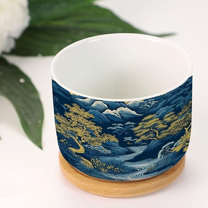 3 Piece Blue Indigo and Gold Asian Scenery Small Ceramics Planters Chinoiserie Chic Asian Succulents Pots with Drainage Bamboo Trays Navy Blue Mountain Ceramics Pots for Plants