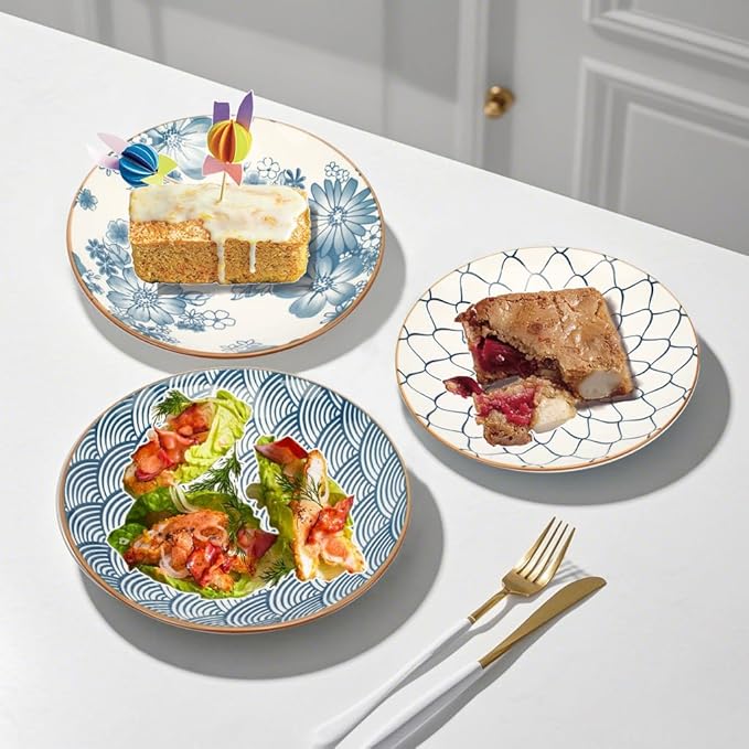 Small Ceramic Salad Plates Set of 4, 7 Inch (13oz) Japanese Appetizer Plates for Sushi Snacks, Dessert Plates for Cake Fruit, Blue & White Dinnerware, Microwave Dishwasher Safe