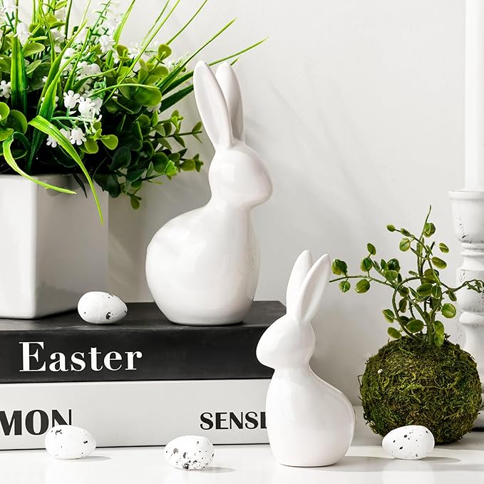 Easter Decorations: Elegant White Ceramic Bunny Figurines Set of 2, Cute Farmhouse Rustic Easter Rabbit Statue Different Size for Spring Easter Holiday Home Office Table Party Decor