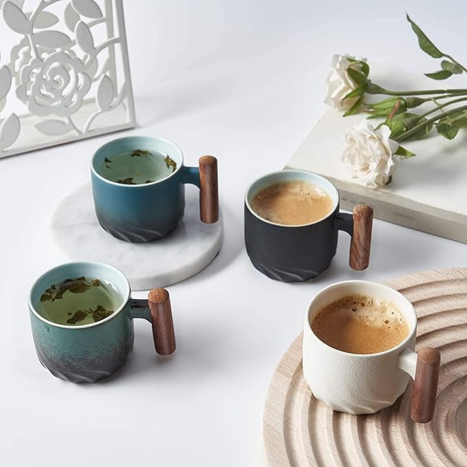 Ceramic Espresso Cup with Wooden Handle, 3oz, Microwave Safe, Porcelain, 2.08x1.85in, Hand Wash Only, Black&White