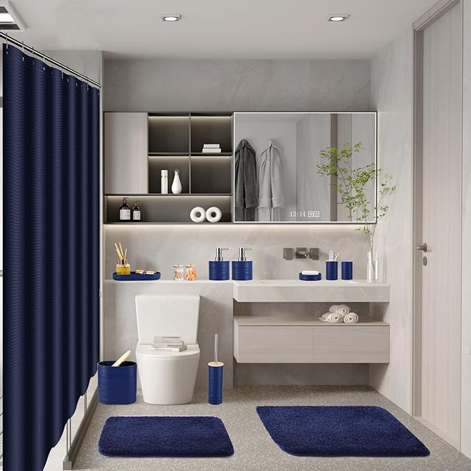 Bathroom Set - Navy Blue Bathroom Accessories Set, Bathroom Sets with Shower Curtain and Rugs, 25PC Shower Curtain Set with Hooks, Soap Dispenser, Soap Dish, Toilet Brush Holder and Trash Can
