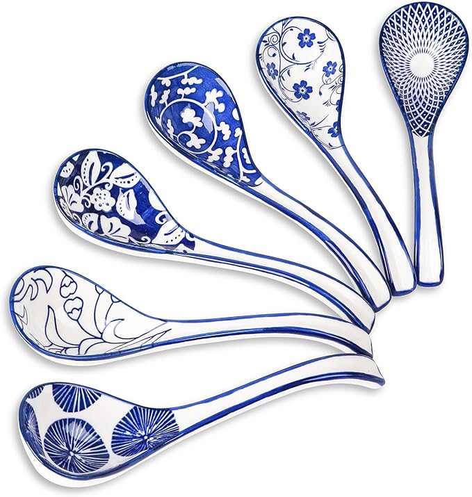 Selamica Ceramic Asian Soup Spoons Set of 6, Ceramic Chinese Soup Spoon, 6.3 Inch Ramen Spoons, Japanese Soup Spoons for Cereal Stews Noodles, Vintage Blue