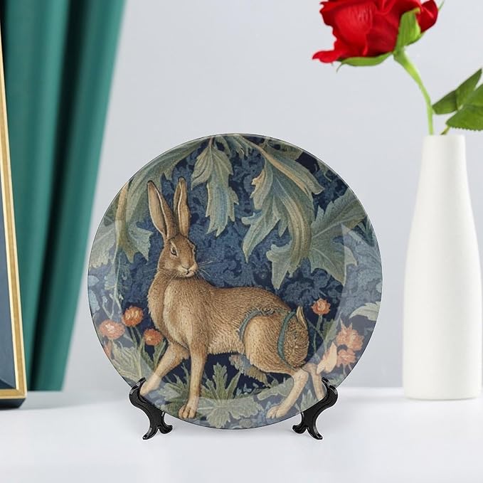 Forest Rabbit Floral Art Nouveau Fashion Plates, Custom Design Collector Plates for Housewarming Gifts Home Kitchen Decor, Including Bracket And Special Hook Art Decorations for Household Wall