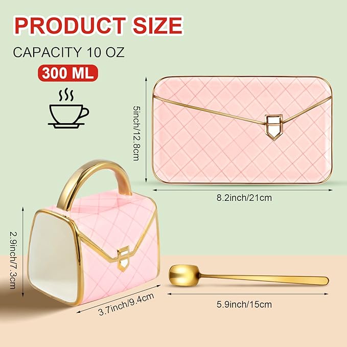 Zubebe 1 Set Coffee Mug Elegant Handbag Shaped Cup Mother's Day Modern Ceramic Purse Mug with Spoon and Saucer, 10oz Cute Creative Tea Cup for Woman Girls Gift (Pink)