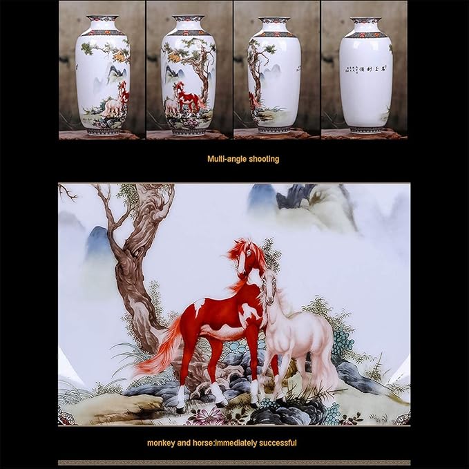 ECYC Chinese Ceramics Vase Handmade Fine Smooth Surface Decorative Animal Horses Vases, 10"
