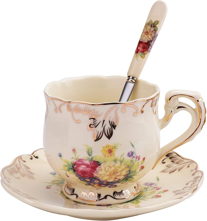 Foraineam Set of 2 Tea Cup and Saucer, 8 oz. Flowering Shrubs Ivory Ceramic Coffee Cup Fancy Floral Porcelain Tea Cup Set with Saucer and Spoon