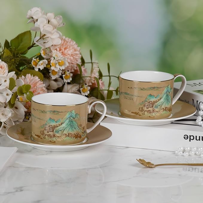 KAMMAK Tea Cups and Saucers Set of 2, Fine Bone China Coffee Cups, Stackable Espresso Mugs, Ceramic Demitasse for Coffee, Cappuccino, Latte, Americano, Tea, Large - River and Mountains