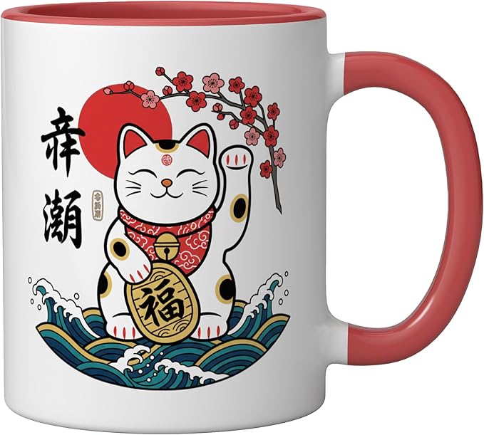 Cat Japanese Lucky Maneki Cat, Lucky Cat With & Bloss Ceramic Mug, Red/White