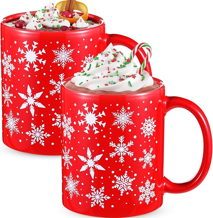 Sliner 2 Sets Red Christmas Snowflake Mugs 11 oz Winter Ceramic Coffee Cups Gift Holiday Ceramic Tea Cup Xmas Birthday Gifts for Men Women