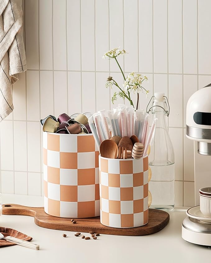 Utensil Holder，7.2 Inch Checkered Utensil Holder, Ceramic Cooking Utensil Spoon/Spatula Holder for Countertop, Kitchen Decor and Accessories, Brown